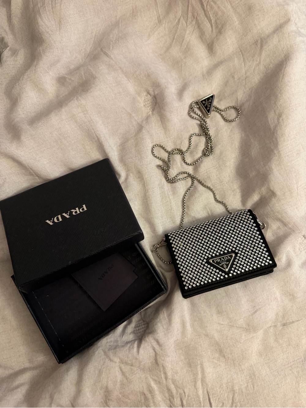 Prada Black Crystal-Studded Mini Shoulder Bag with Silver Chain